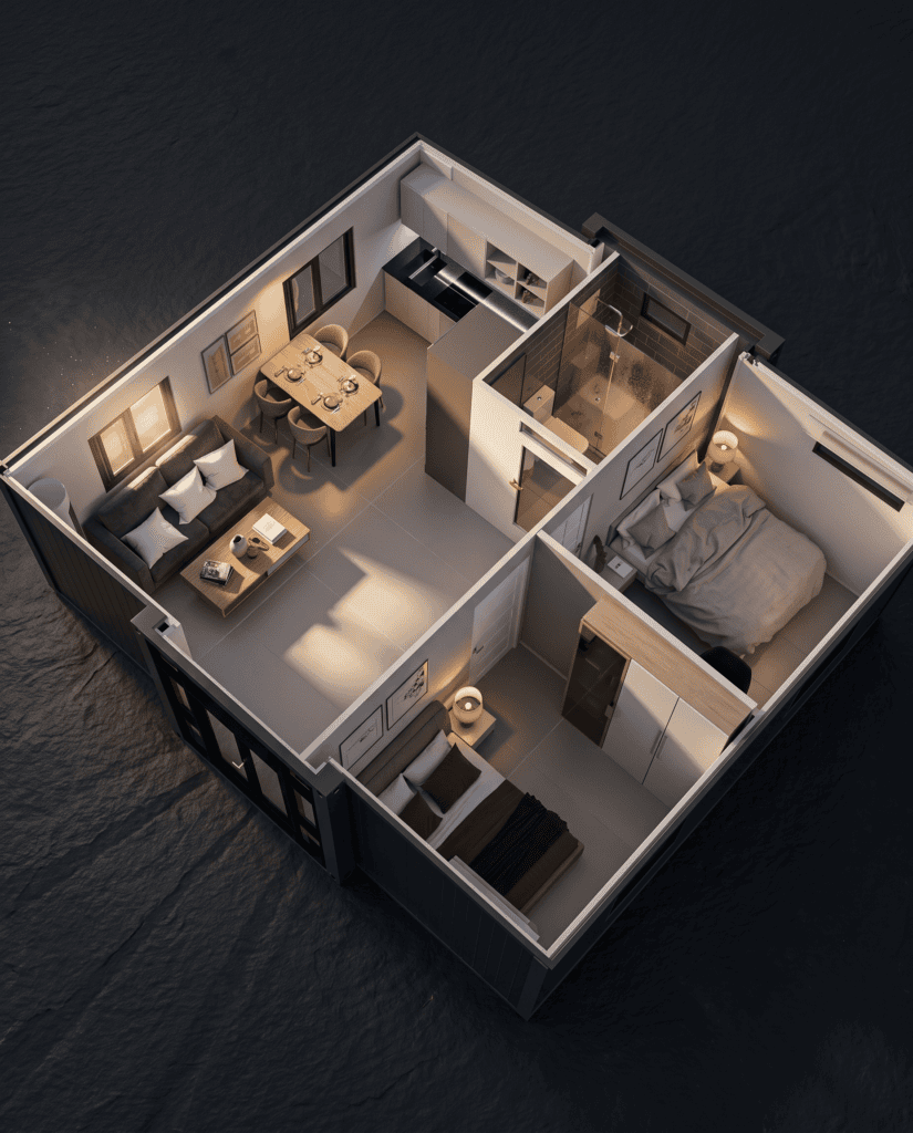 ADA-Compliant ADUs: Building a Backyard Home for Aging in Place 3 Open accessible ADU floor plan with wide clearances in the bedroom and bathroom
