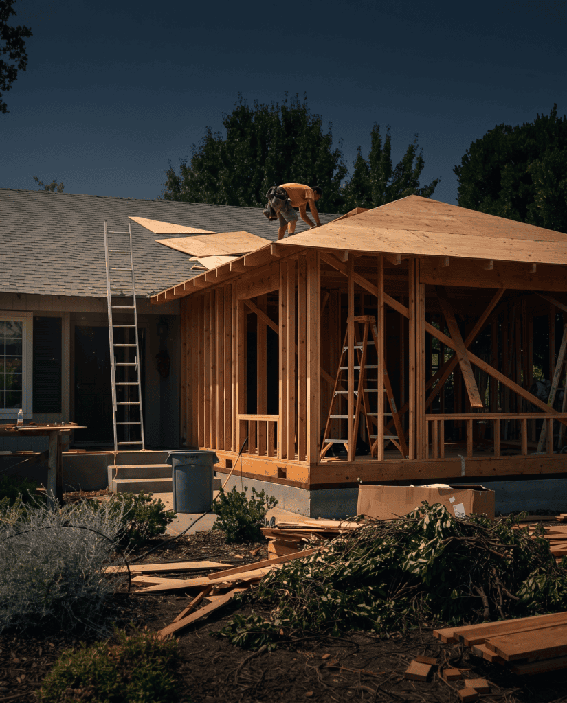 Prefab vs. Traditional Construction: An Honest Comparison for California Homeowners 2 Traditional stick-built wood framing on a construction site