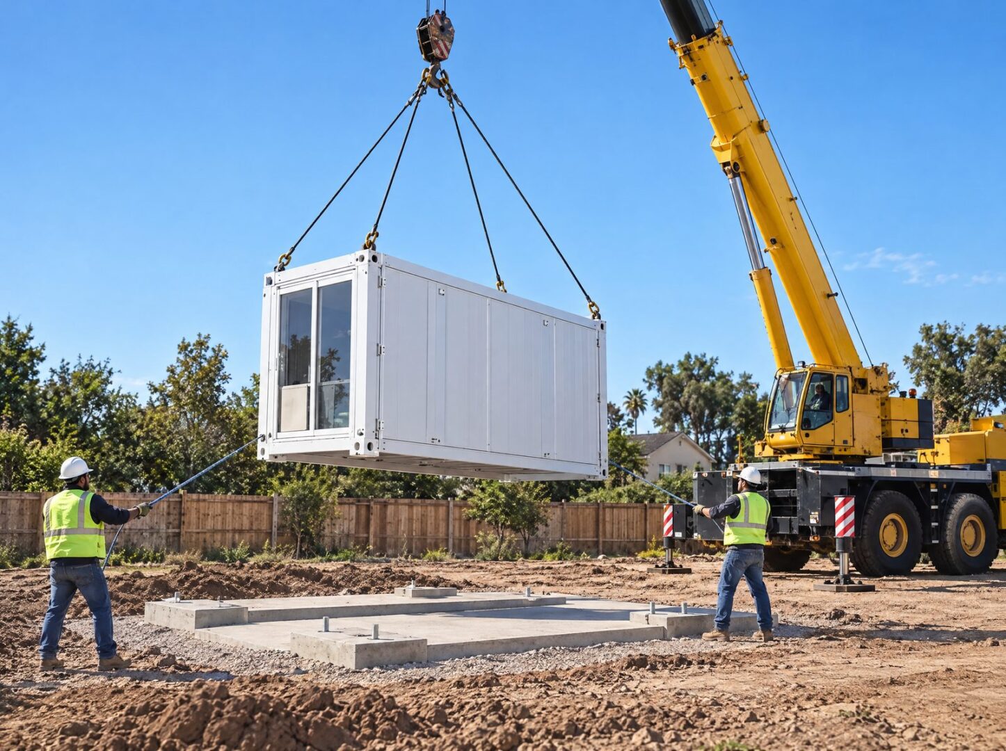 A folded expandable unit being craned onto its foundation