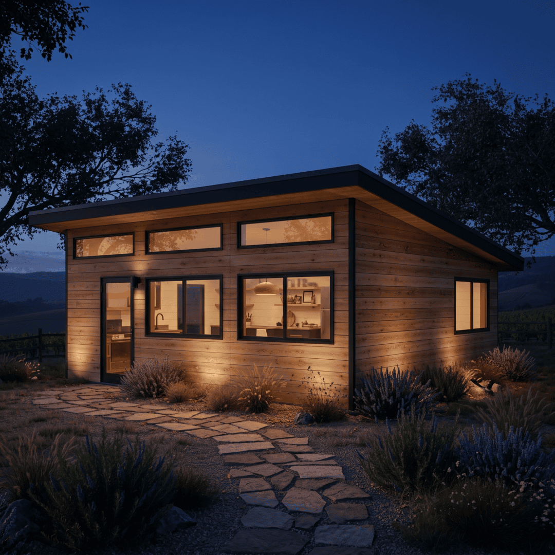 Finished backyard ADU in California lit up at dusk