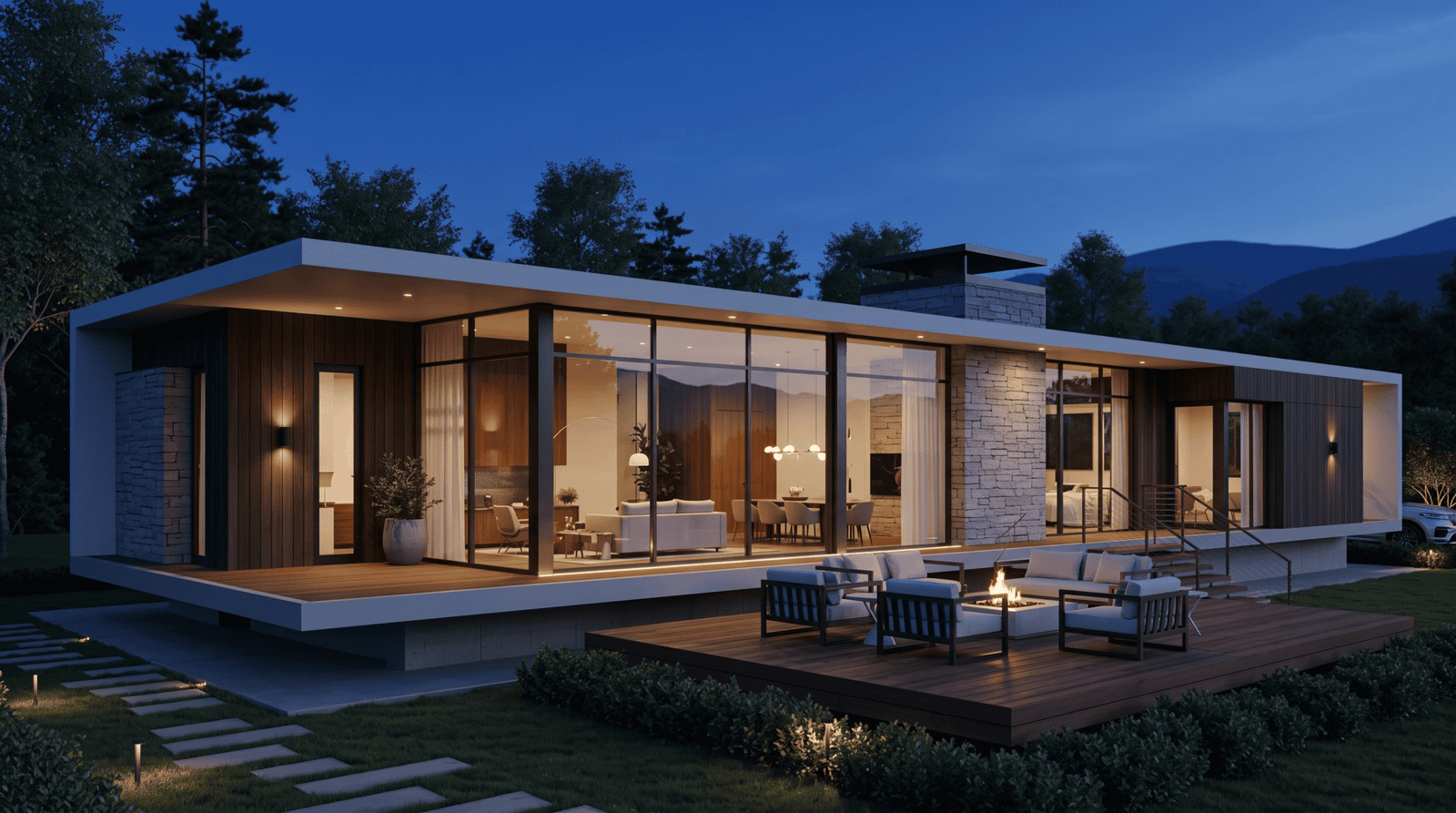 Modern glass-walled home at dusk with a lit fire-pit deck and mountain backdrop, built with Struxa architectural systems and outdoor living structures